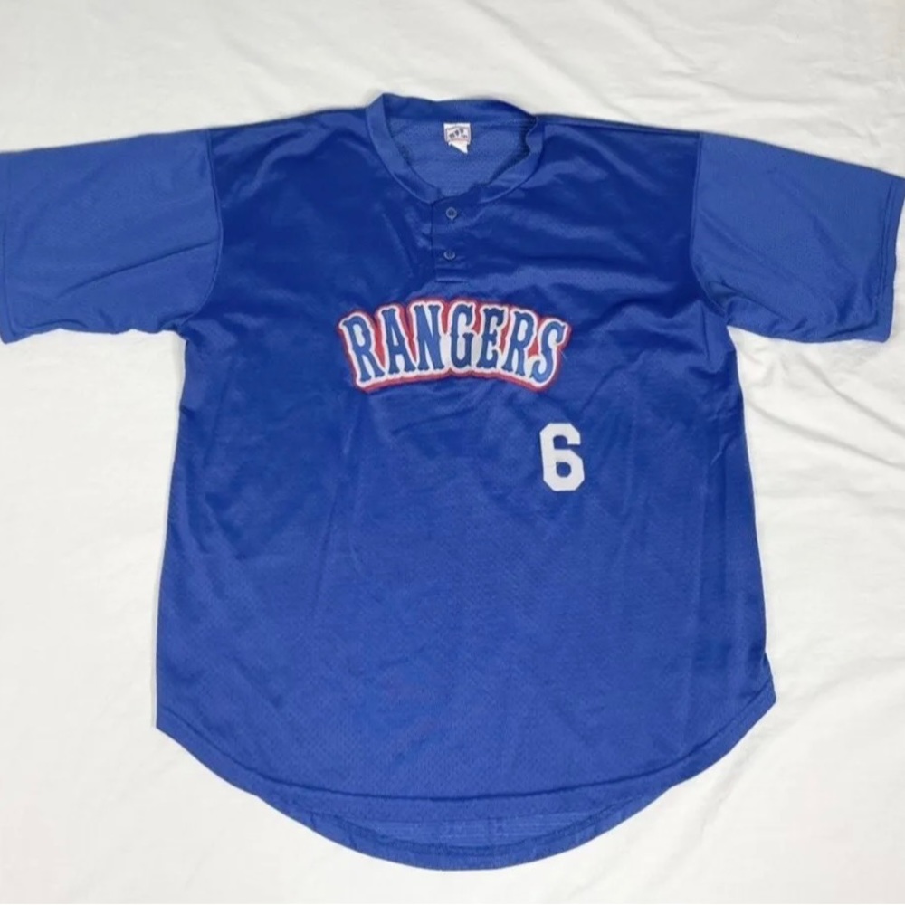 VTG Texas Rangers MVP Brand Blue Baseball Jersey Made In USA..See Measurements.